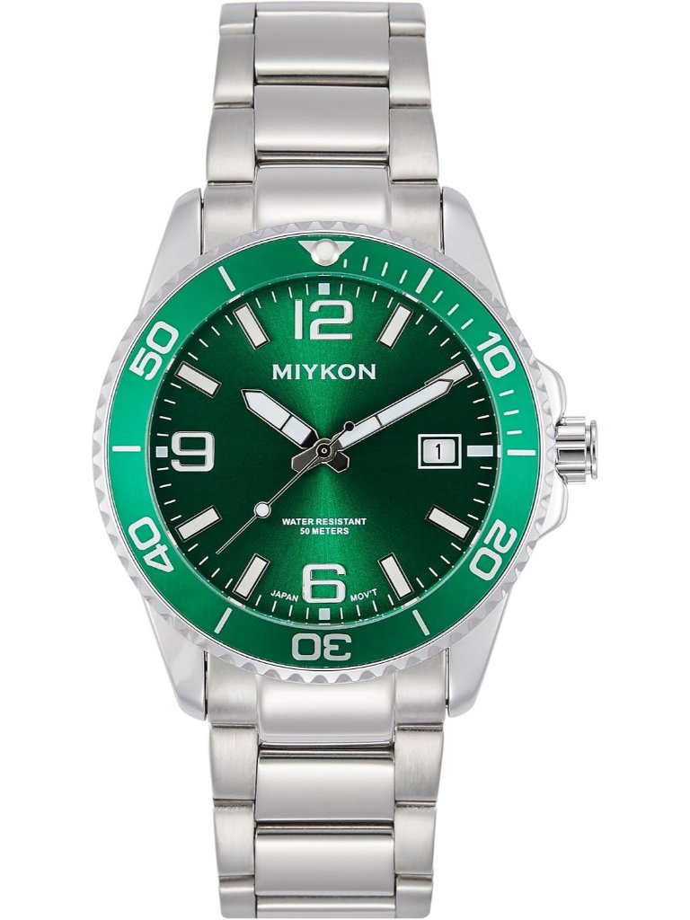 Mens Silver Stainless Steel Bracelet Green Dial Quickset Date Quartz Watches